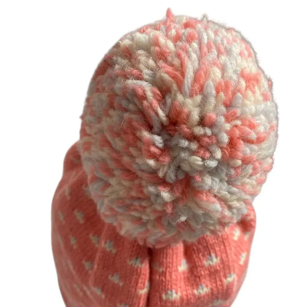 Vintage 80s Serac Wool Beanie Pink Birdseye Print Pom Pom Womens Ski Hat USA